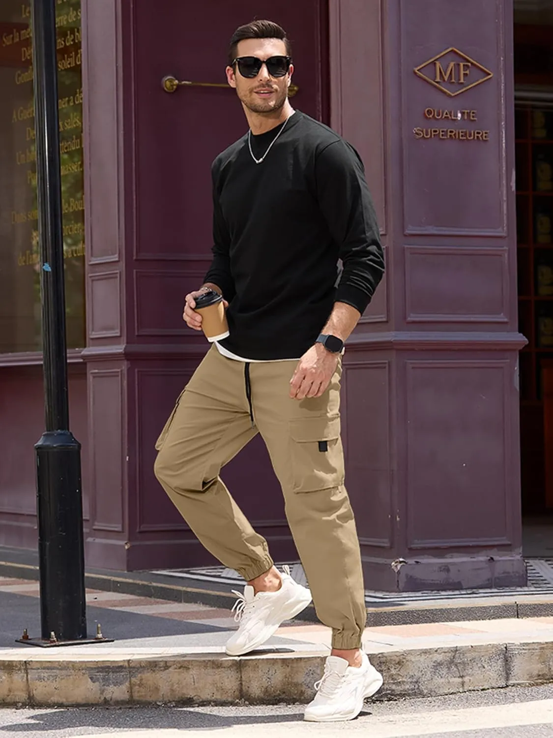 HOTake Mens Casual Cargo Pants Stretch Elastic Waist Drawsring Joggers Pants for Men with Pockets