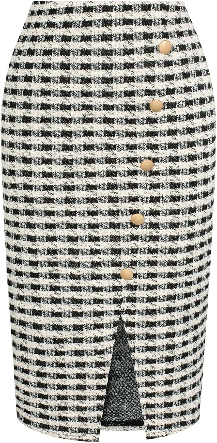Kate Kasin Women Tweed Plaid Skirt Fall Stretchy High Waisted Midi Pencil Skirts with Slit 2024