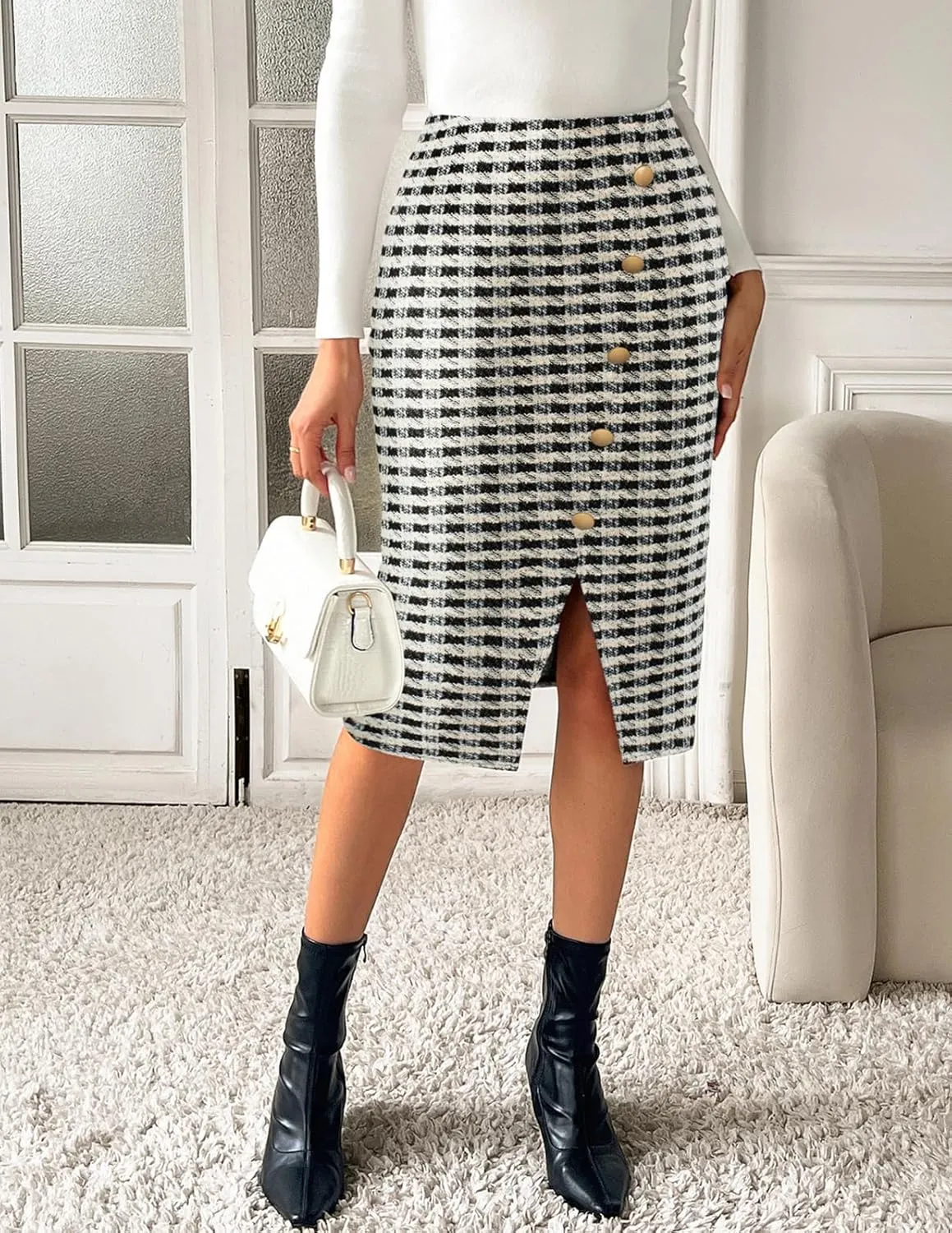 Kate Kasin Women Tweed Plaid Skirt Fall Stretchy High Waisted Midi Pencil Skirts with Slit 2024