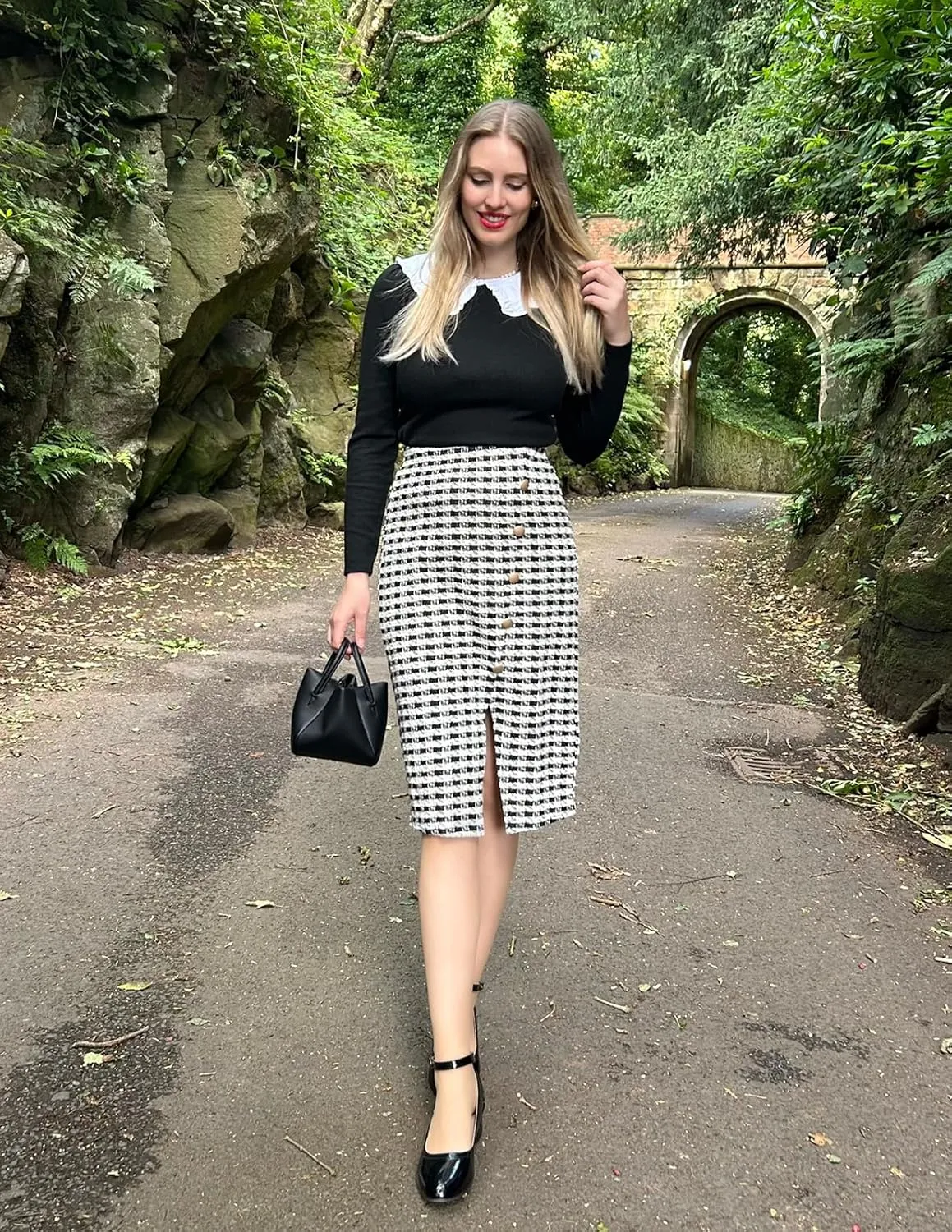 Kate Kasin Women Tweed Plaid Skirt Fall Stretchy High Waisted Midi Pencil Skirts with Slit 2024