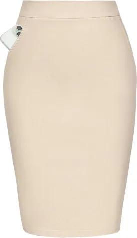 Kate Kasin Womens Knee Length Elastic Waist Basic Stretchy Bodycon Business Pencil Skirt