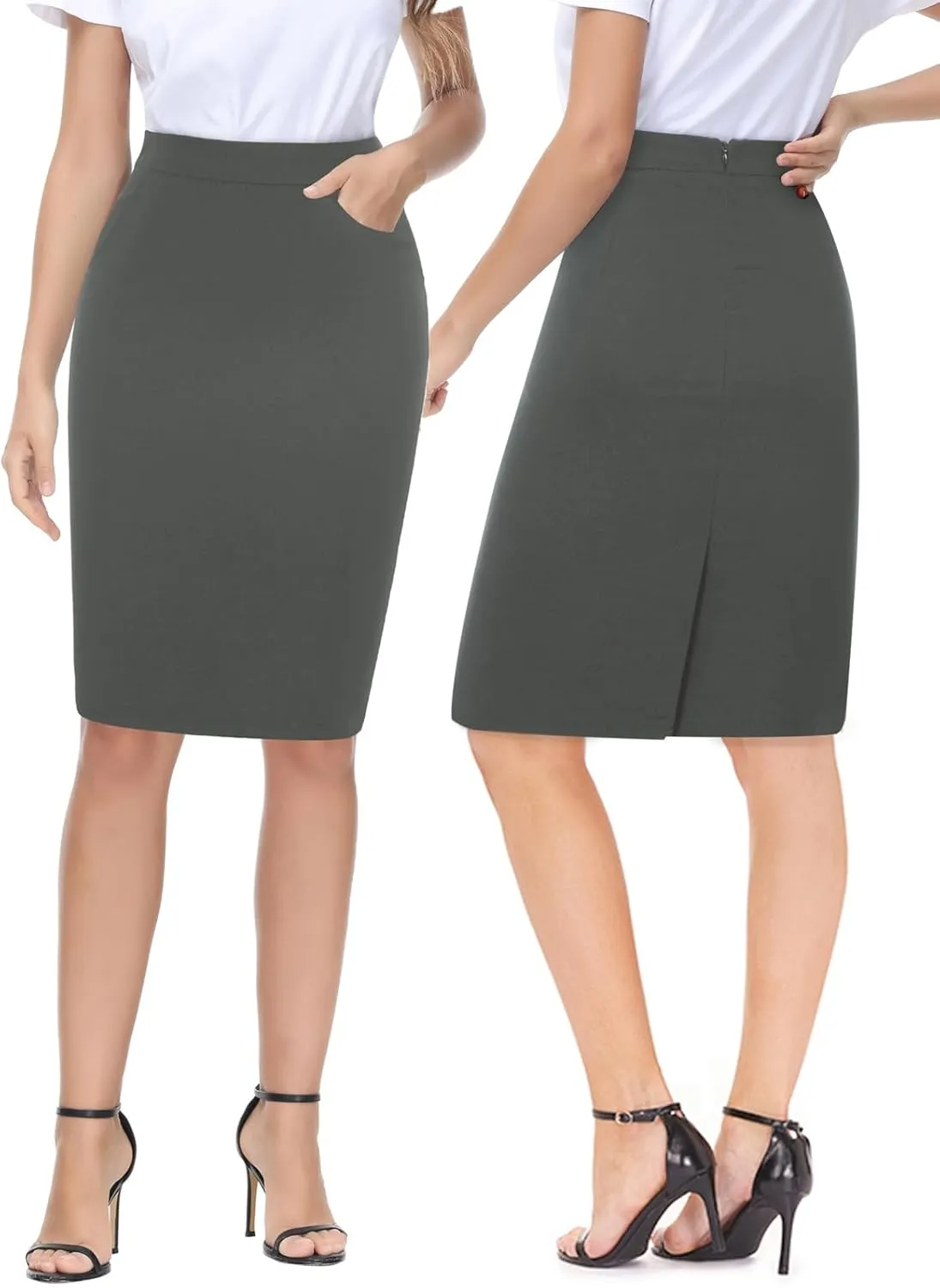 Kate Kasin Womens Knee Length Elastic Waist Basic Stretchy Bodycon Business Pencil Skirt