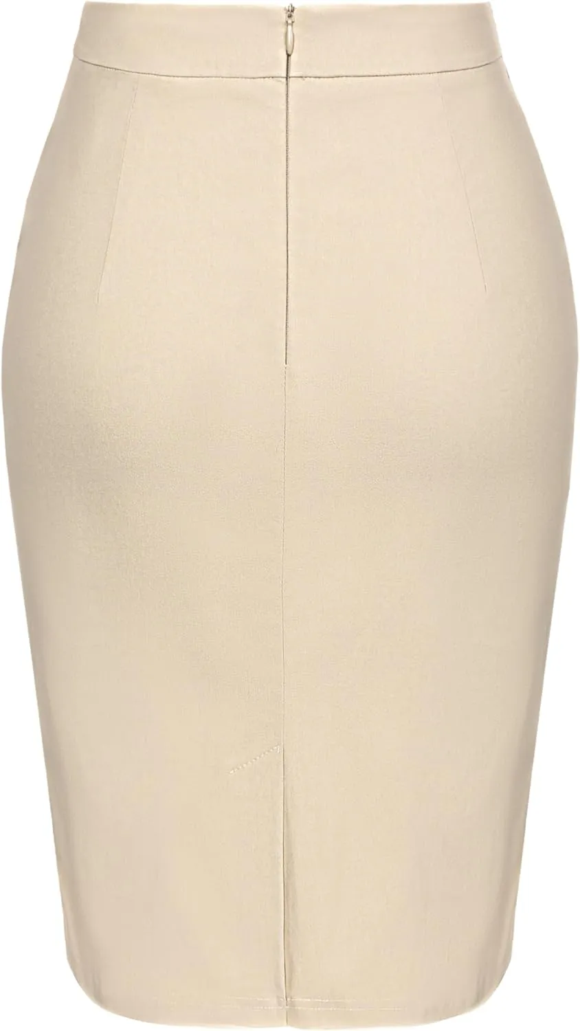 Kate Kasin Womens Knee Length Elastic Waist Basic Stretchy Bodycon Business Pencil Skirt