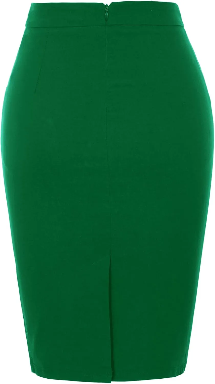 Kate Kasin Womens Knee Length Elastic Waist Basic Stretchy Bodycon Business Pencil Skirt