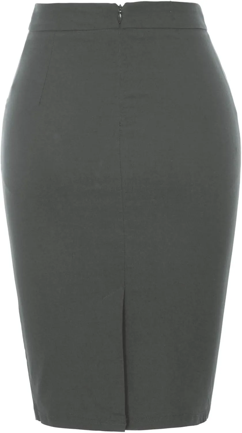 Kate Kasin Womens Knee Length Elastic Waist Basic Stretchy Bodycon Business Pencil Skirt