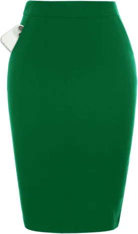 Kate Kasin Womens Knee Length Elastic Waist Basic Stretchy Bodycon Business Pencil Skirt