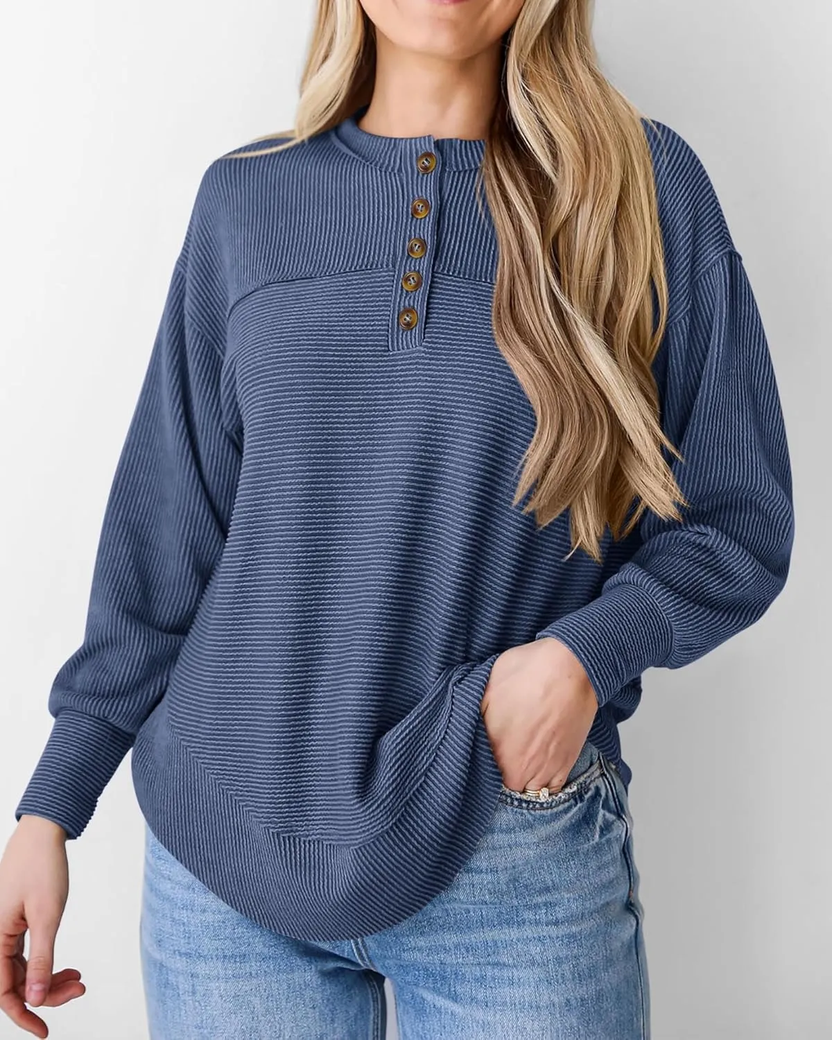 KIRUNDO Spring Tops for Women Henley Shirts 2025 Ribbed Knit Long Sleeve Tunic Button V Neck Loose Casual Blouse Clothing