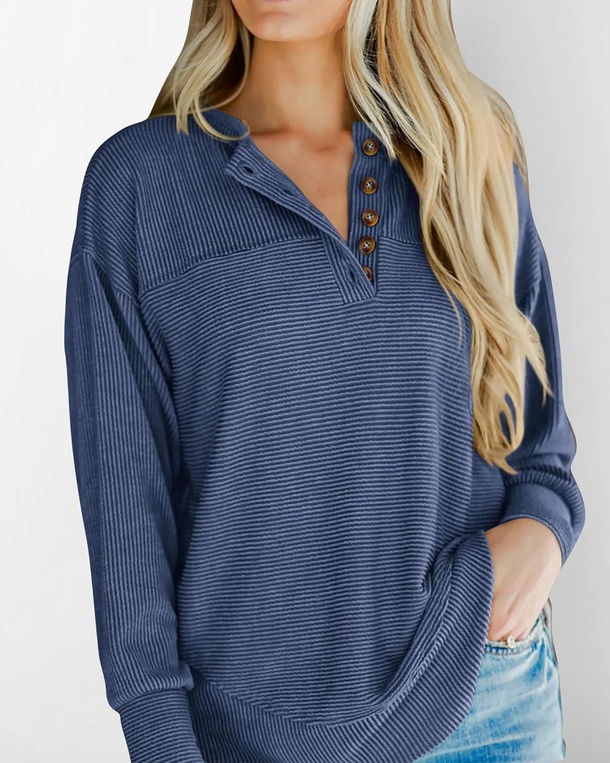 KIRUNDO Spring Tops for Women Henley Shirts 2025 Ribbed Knit Long Sleeve Tunic Button V Neck Loose Casual Blouse Clothing