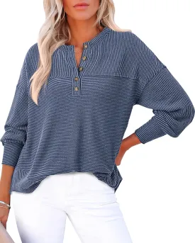 KIRUNDO Spring Tops for Women Henley Shirts 2025 Ribbed Knit Long Sleeve Tunic Button V Neck Loose Casual Blouse Clothing