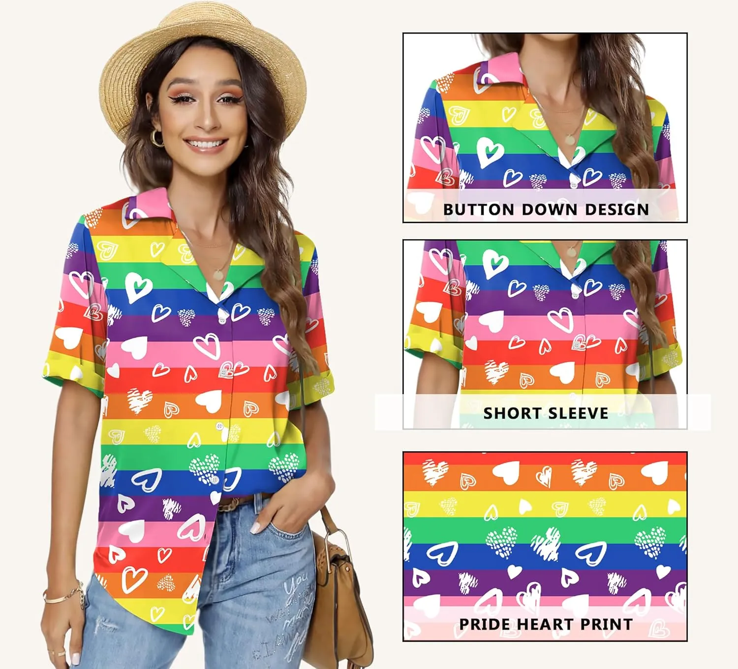 LAZYCHILD Pride Outfits for Women: Rainbow Heart Shirt LGBTQ Equality T-Shirt Pride Ally Button Up Tops