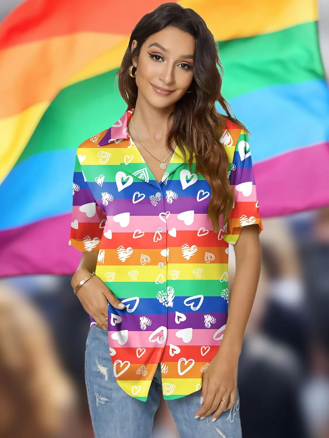 LAZYCHILD Pride Outfits for Women: Rainbow Heart Shirt LGBTQ Equality T-Shirt Pride Ally Button Up Tops