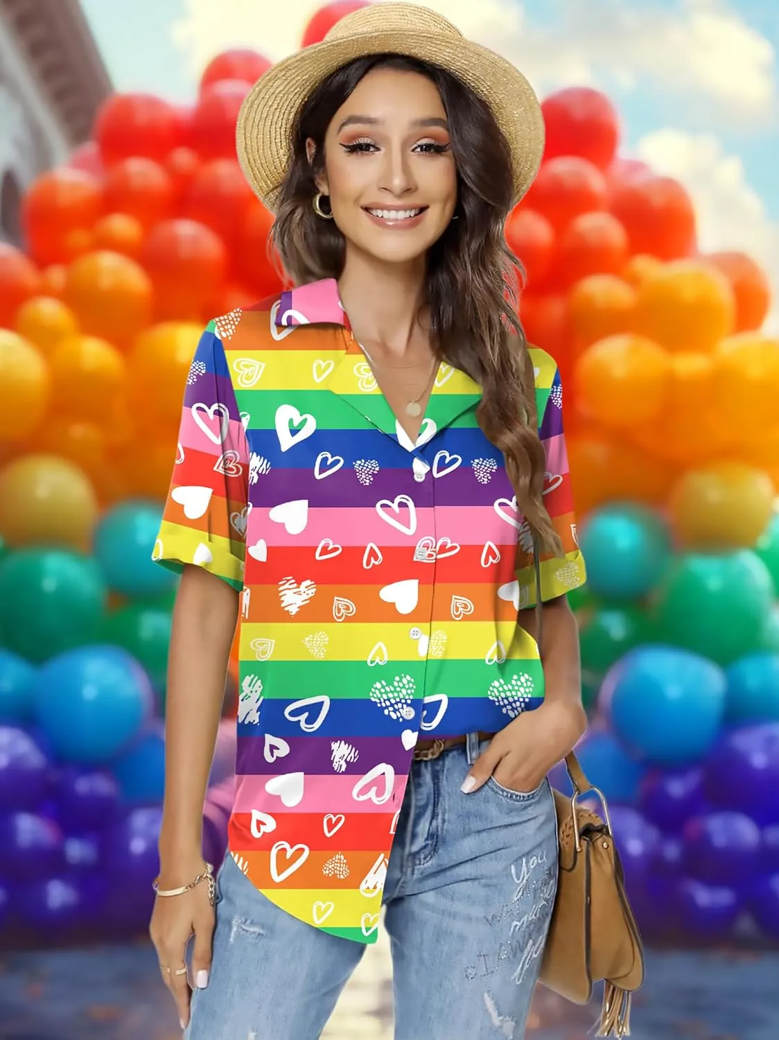 LAZYCHILD Pride Outfits for Women: Rainbow Heart Shirt LGBTQ Equality T-Shirt Pride Ally Button Up Tops