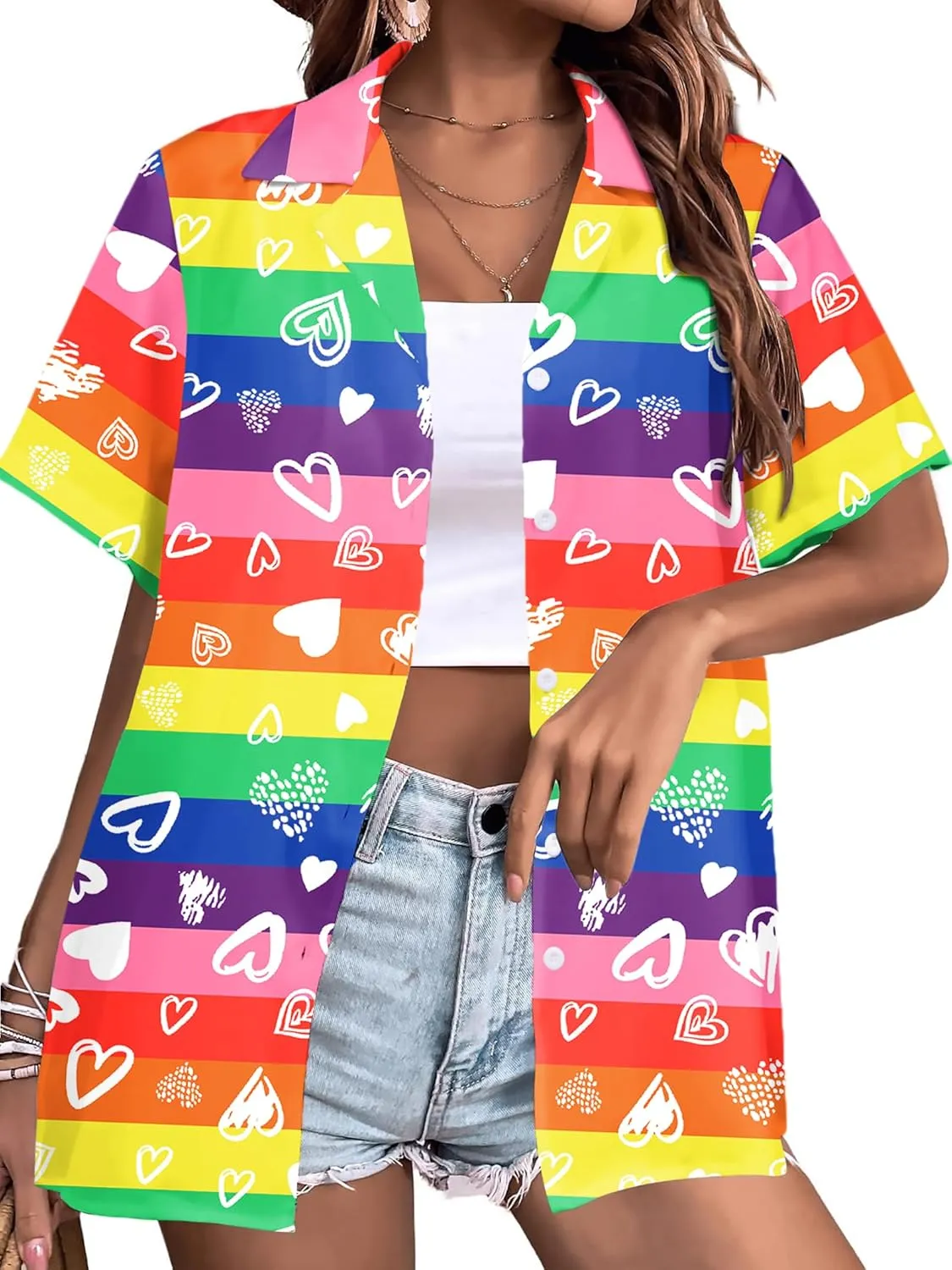 LAZYCHILD Pride Outfits for Women: Rainbow Heart Shirt LGBTQ Equality T-Shirt Pride Ally Button Up Tops