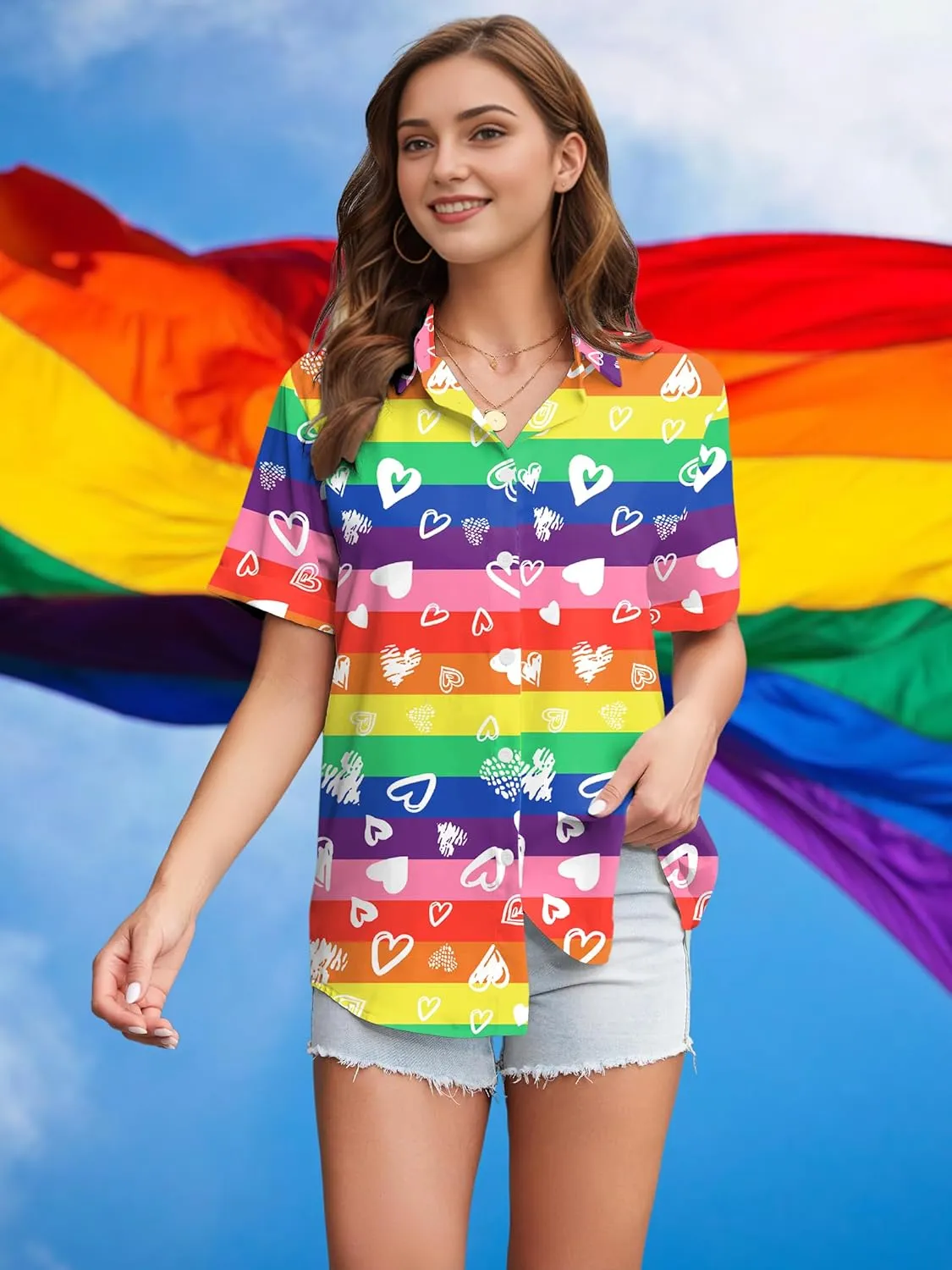 LAZYCHILD Pride Outfits for Women: Rainbow Heart Shirt LGBTQ Equality T-Shirt Pride Ally Button Up Tops