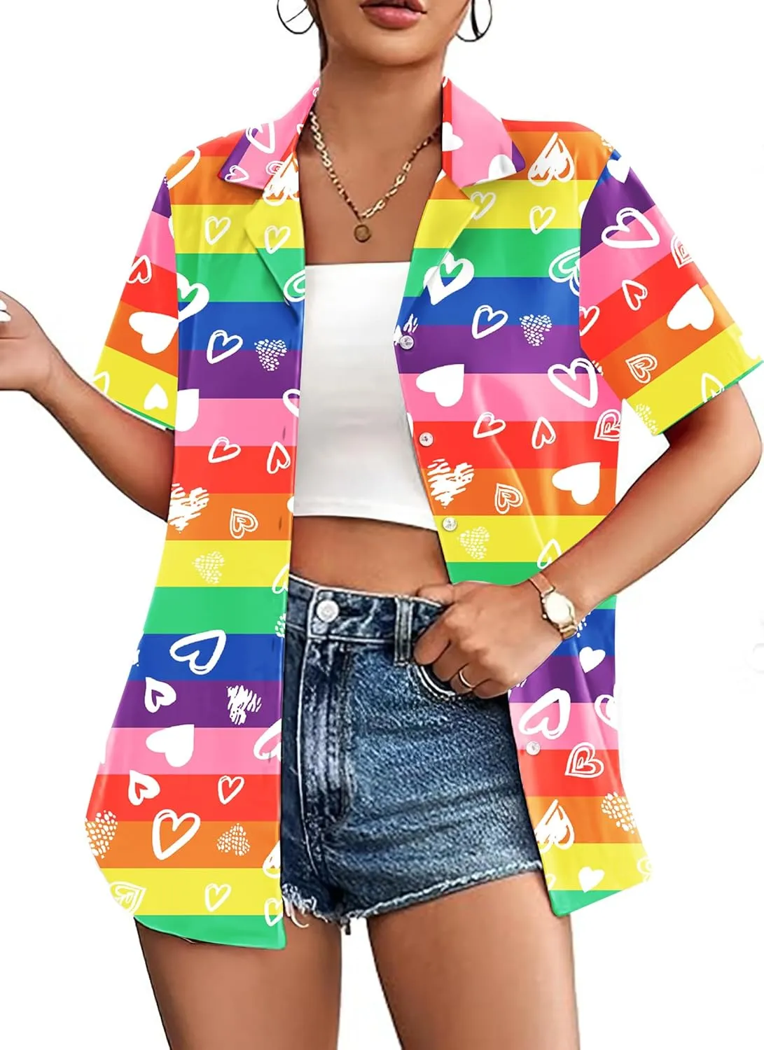 LAZYCHILD Pride Outfits for Women: Rainbow Heart Shirt LGBTQ Equality T-Shirt Pride Ally Button Up Tops