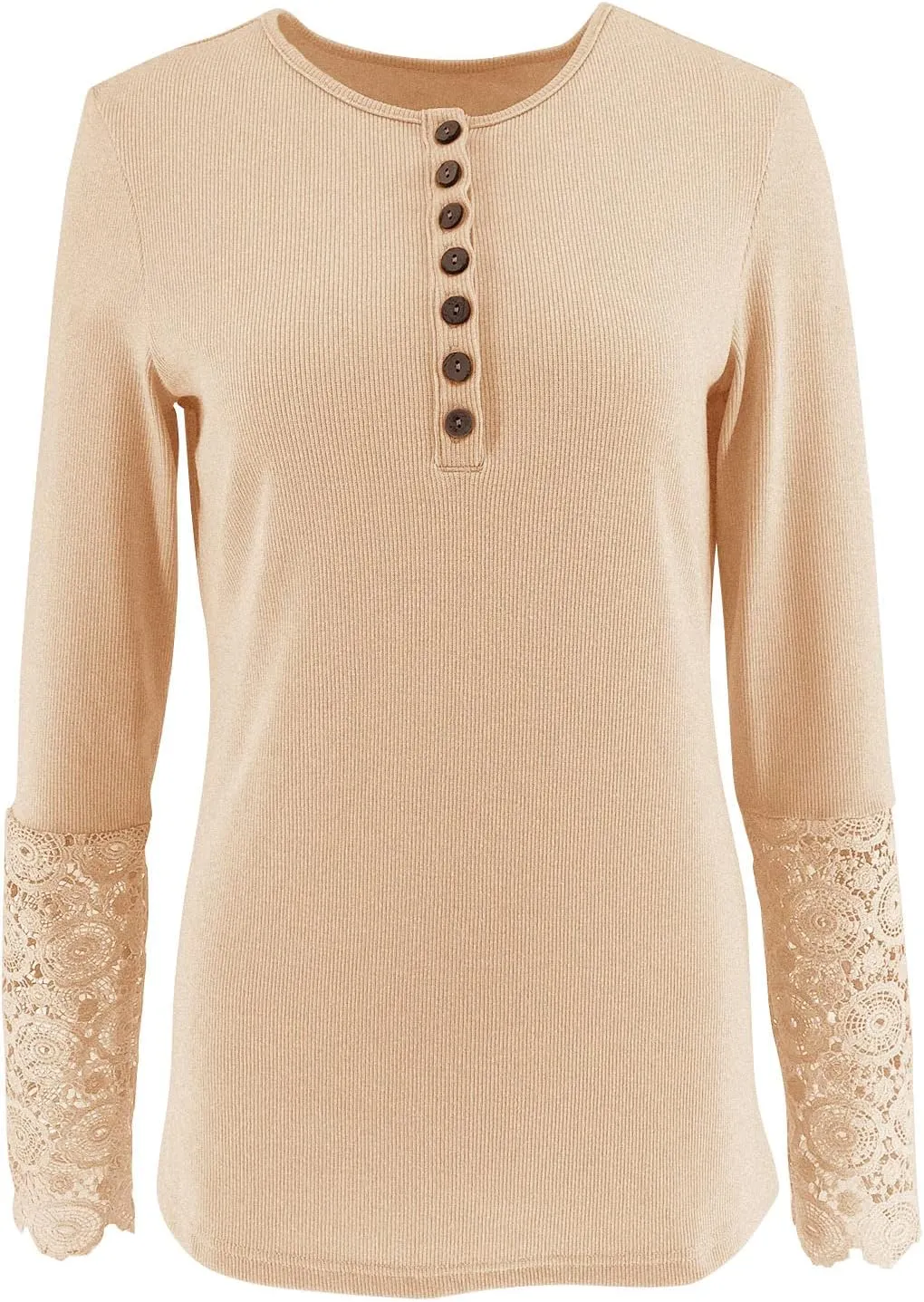 Limerose Women's Long Sleeve Lace Trim Tunic Tops Button Down Casual Blouse Cute Crew Neck Ribbed Shirt