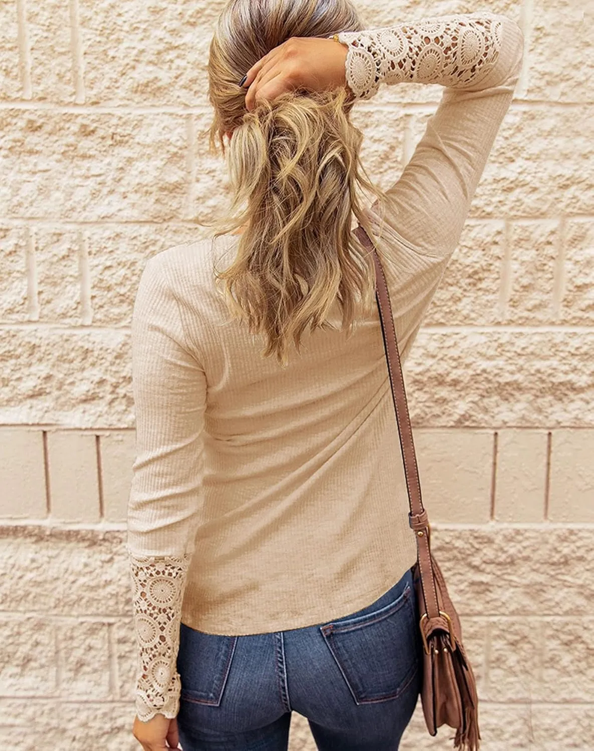 Limerose Women's Long Sleeve Lace Trim Tunic Tops Button Down Casual Blouse Cute Crew Neck Ribbed Shirt