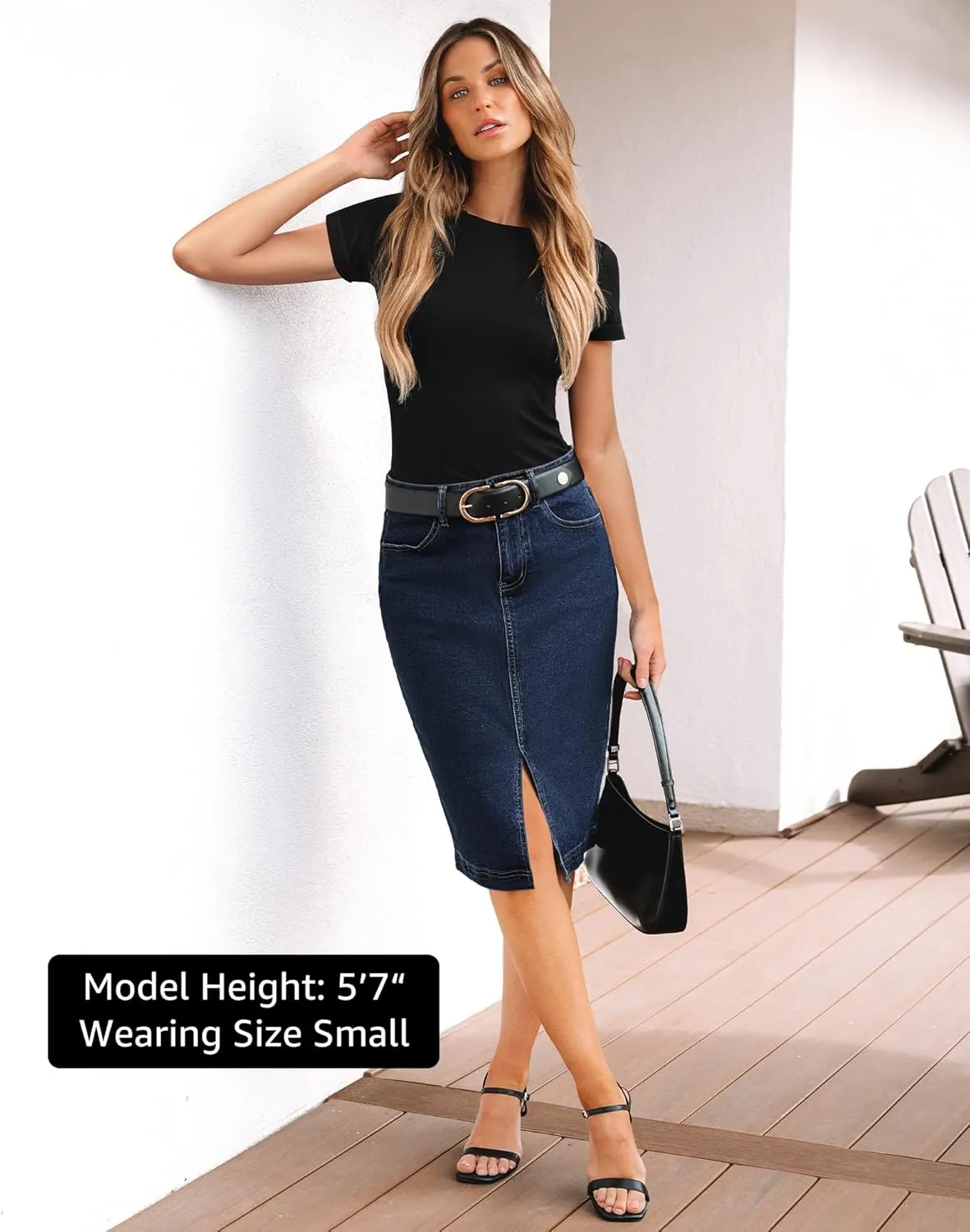 luvamia Jean Skirts for Women Denim Trendy Summer Casual Stretchy High Waisted Midi Below Knee Pencil Skirt with Slit