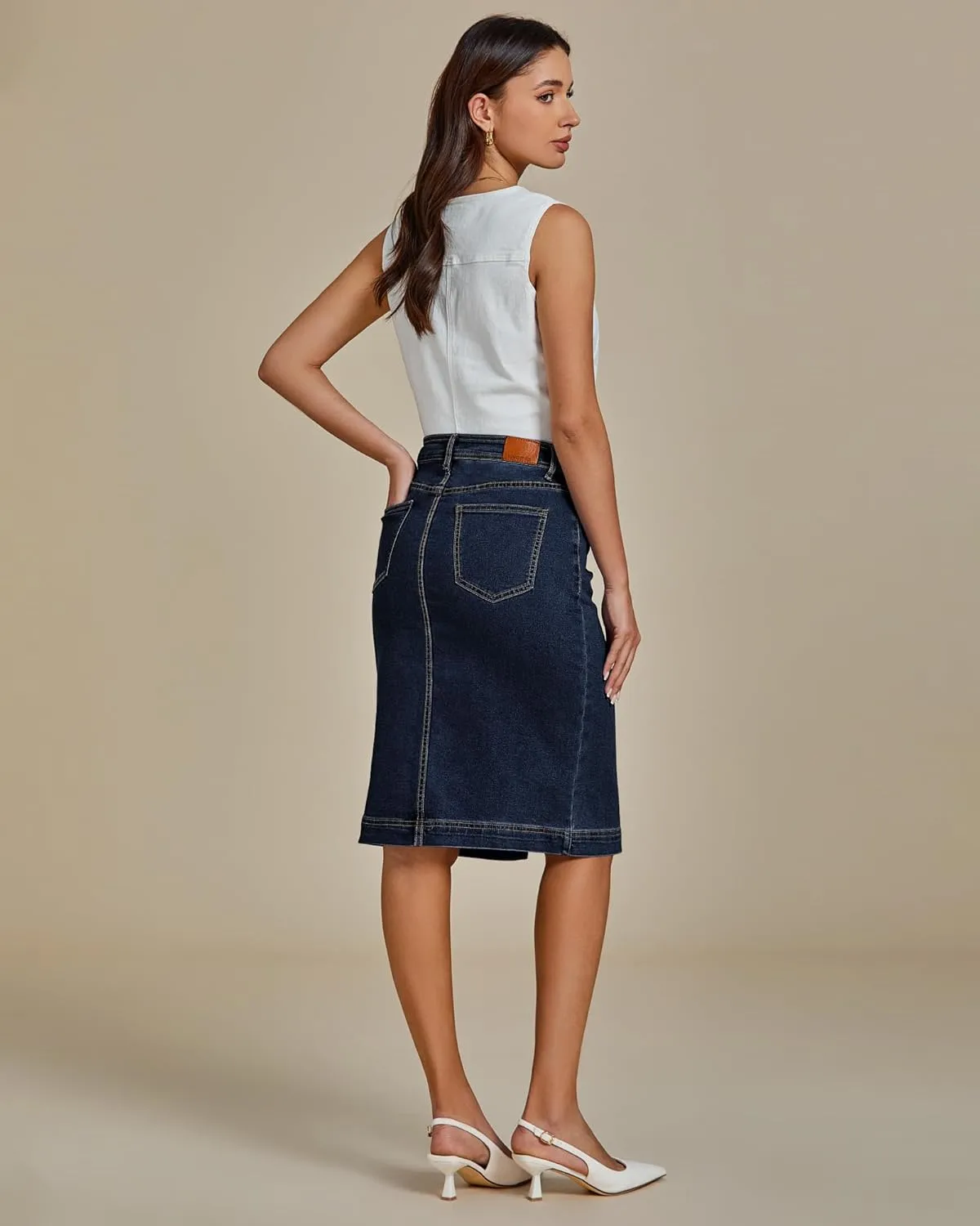 luvamia Jean Skirts for Women Denim Trendy Summer Casual Stretchy High Waisted Midi Below Knee Pencil Skirt with Slit
