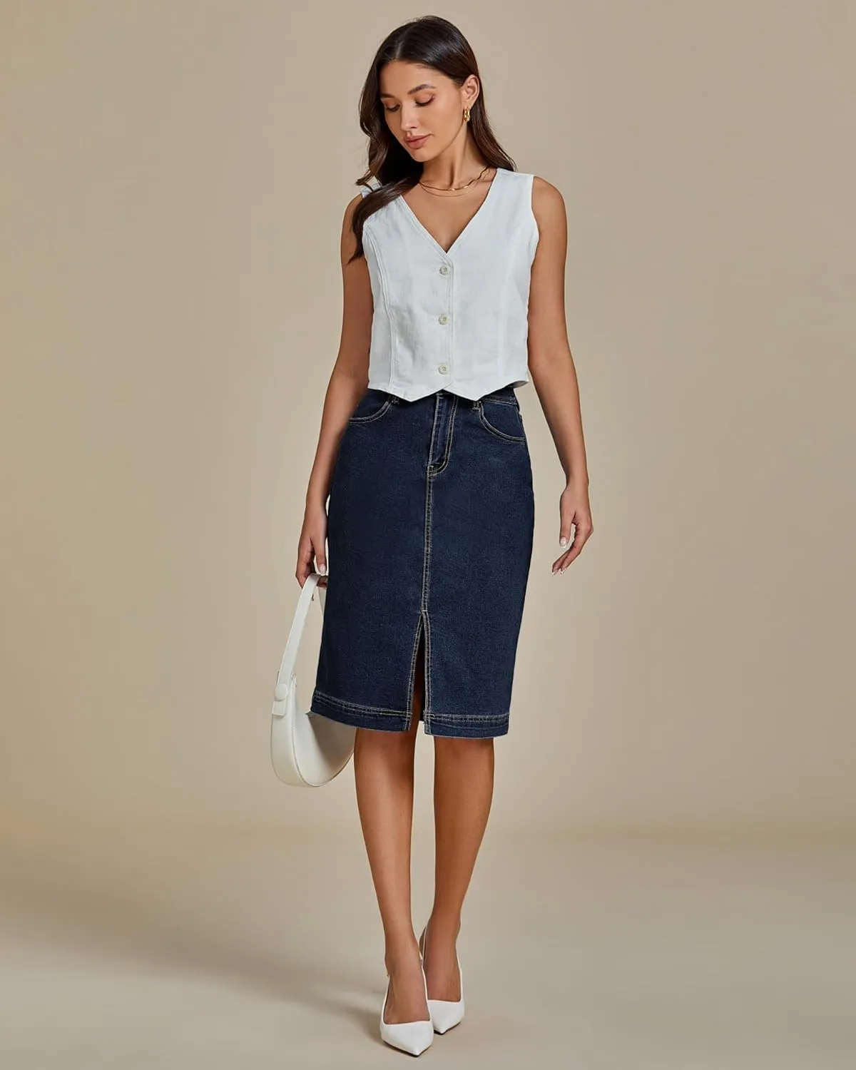 luvamia Jean Skirts for Women Denim Trendy Summer Casual Stretchy High Waisted Midi Below Knee Pencil Skirt with Slit