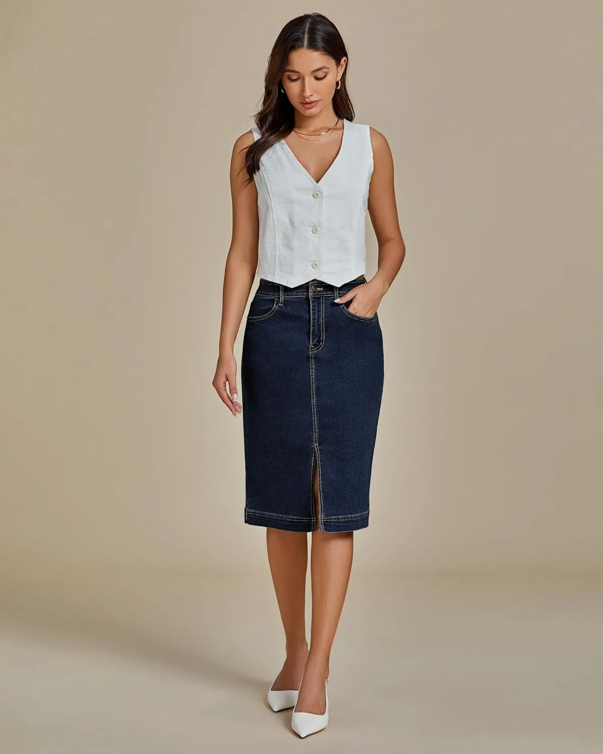 luvamia Jean Skirts for Women Denim Trendy Summer Casual Stretchy High Waisted Midi Below Knee Pencil Skirt with Slit