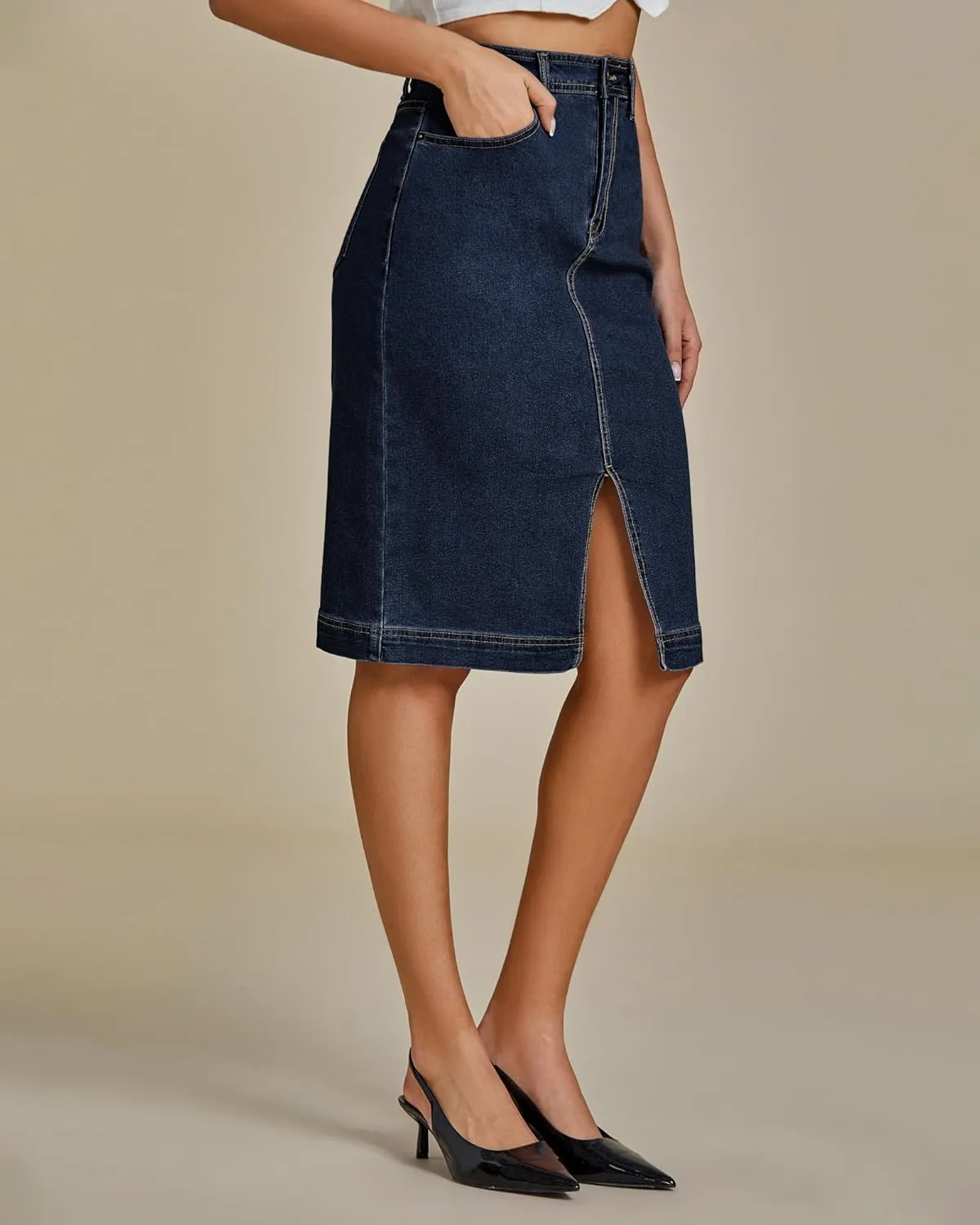 luvamia Jean Skirts for Women Denim Trendy Summer Casual Stretchy High Waisted Midi Below Knee Pencil Skirt with Slit