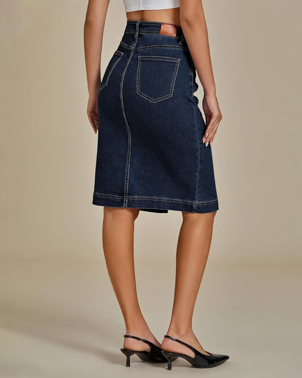 luvamia Jean Skirts for Women Denim Trendy Summer Casual Stretchy High Waisted Midi Below Knee Pencil Skirt with Slit