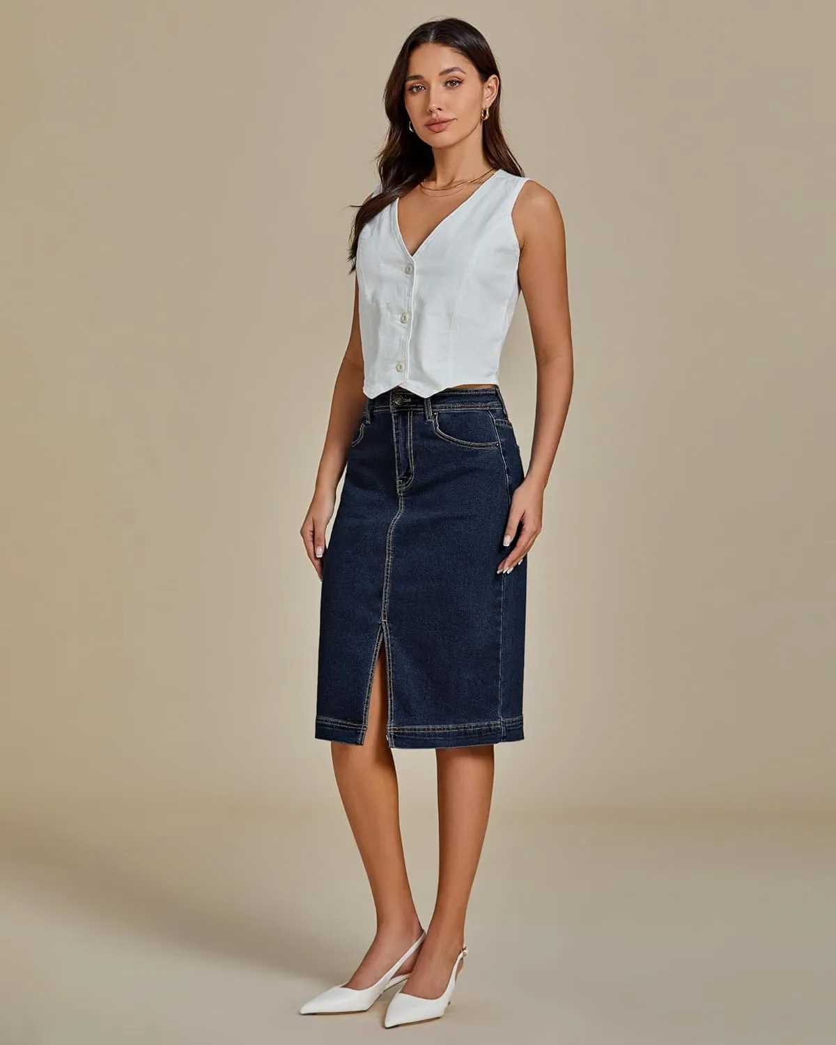 luvamia Jean Skirts for Women Denim Trendy Summer Casual Stretchy High Waisted Midi Below Knee Pencil Skirt with Slit