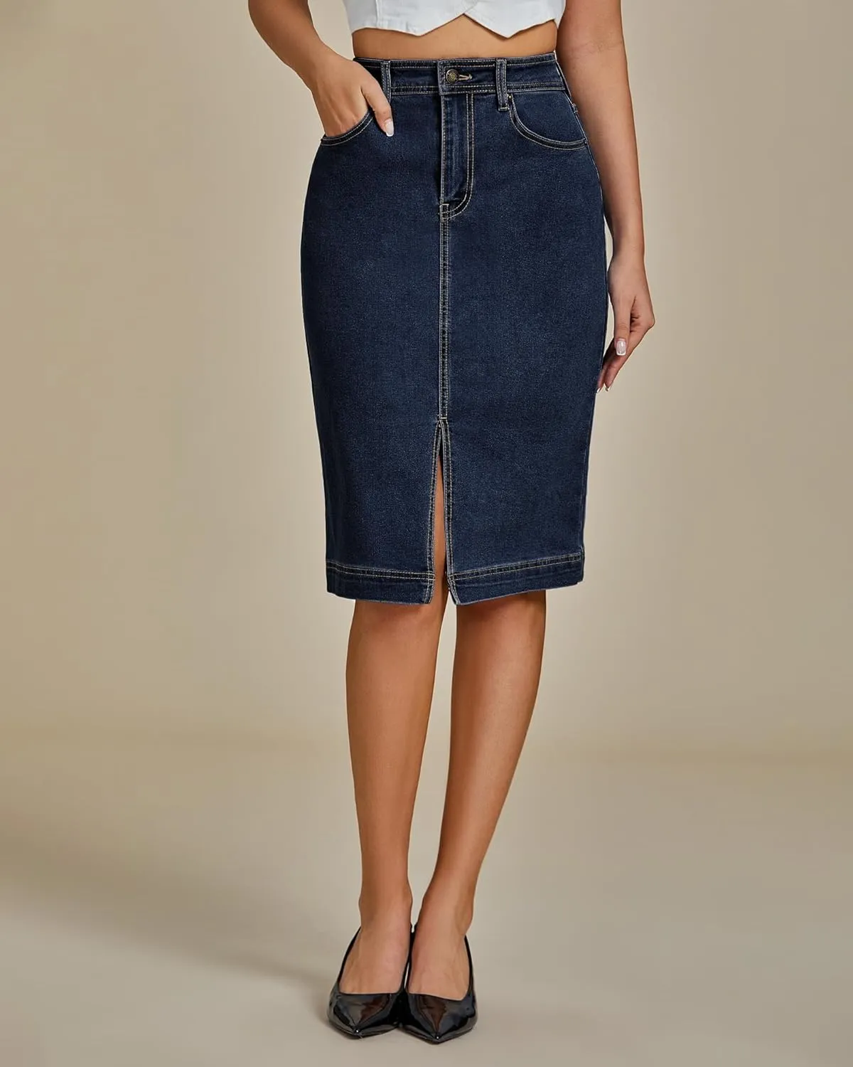 luvamia Jean Skirts for Women Denim Trendy Summer Casual Stretchy High Waisted Midi Below Knee Pencil Skirt with Slit