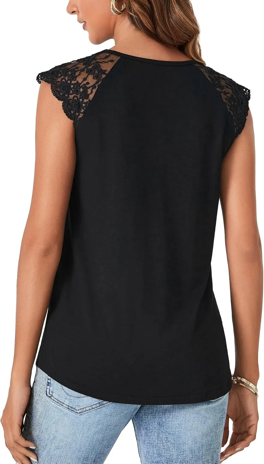 LYANER Women's Casual V Neck Lace Floral Sleeveless Blouse Shirt Tank Top