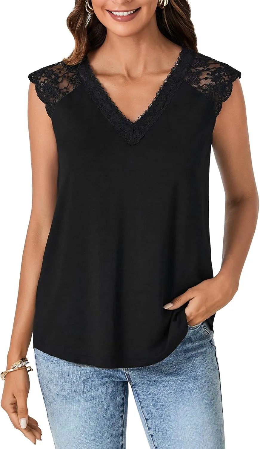LYANER Women's Casual V Neck Lace Floral Sleeveless Blouse Shirt Tank Top