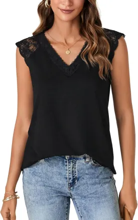 LYANER Women's Casual V Neck Lace Floral Sleeveless Blouse Shirt Tank Top