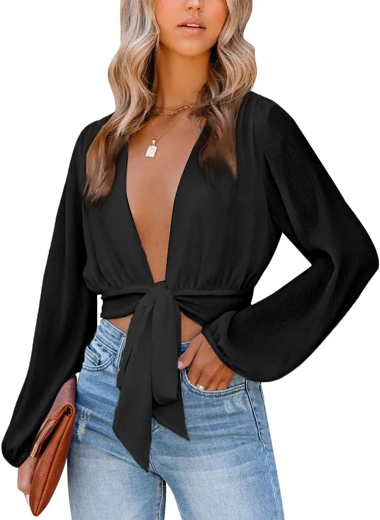 LYANER Women's Deep V Neck Long Sleeve Tie Front Knot Sexy Wrap Crop Top Blouse