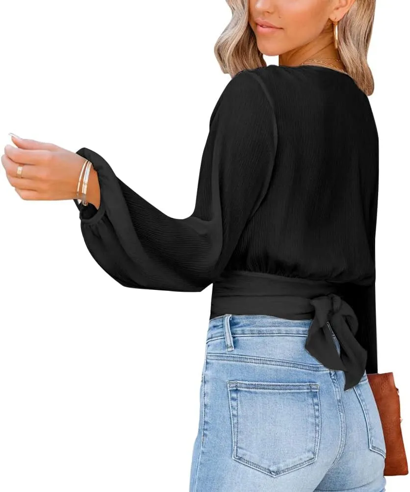 LYANER Women's Deep V Neck Long Sleeve Tie Front Knot Sexy Wrap Crop Top Blouse