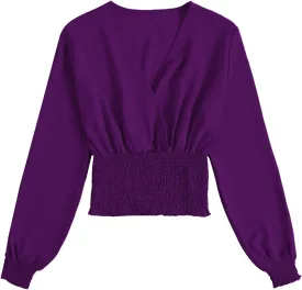 LYANER Women's V Neck Shirred Polka Dots Long Sleeve Frill Crop Blouse Shirt Tops