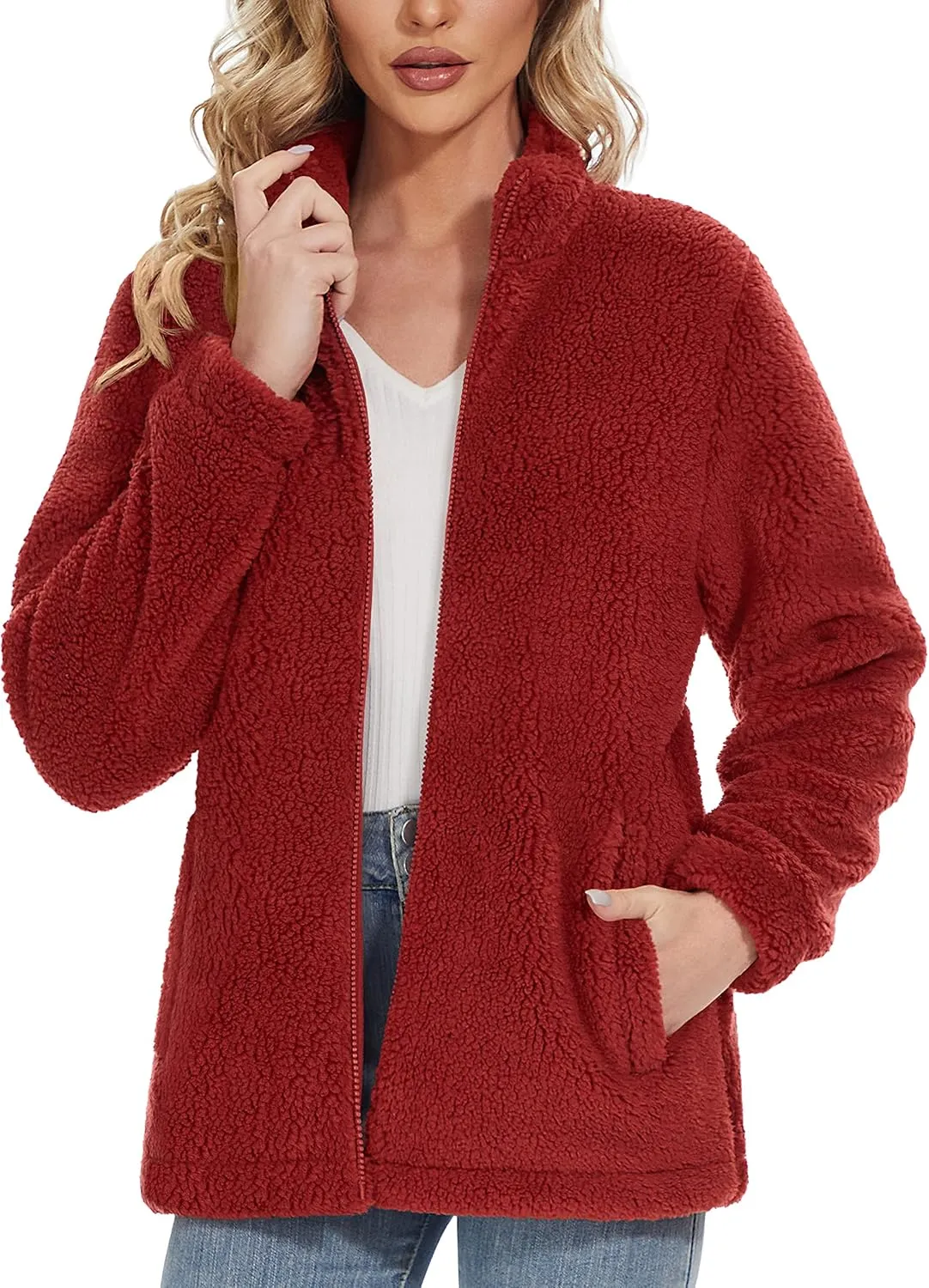 MAGCOMSEN Women Sherpa Jacket Full Zip Fuzzy Teddy Coat with Pockets Fleece Lined Warm Winter Casual Outfits