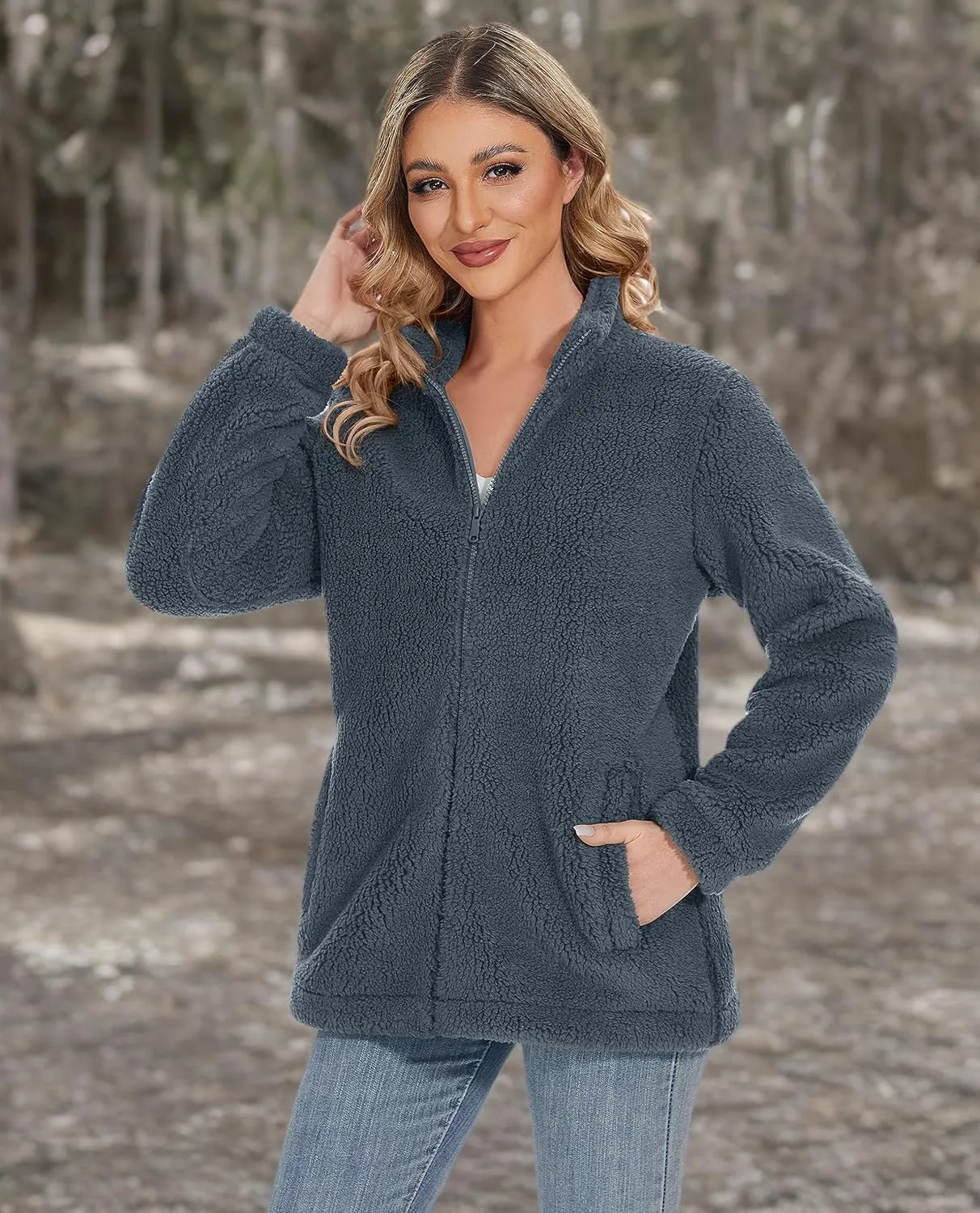 MAGCOMSEN Women Sherpa Jacket Full Zip Fuzzy Teddy Coat with Pockets Fleece Lined Warm Winter Casual Outfits