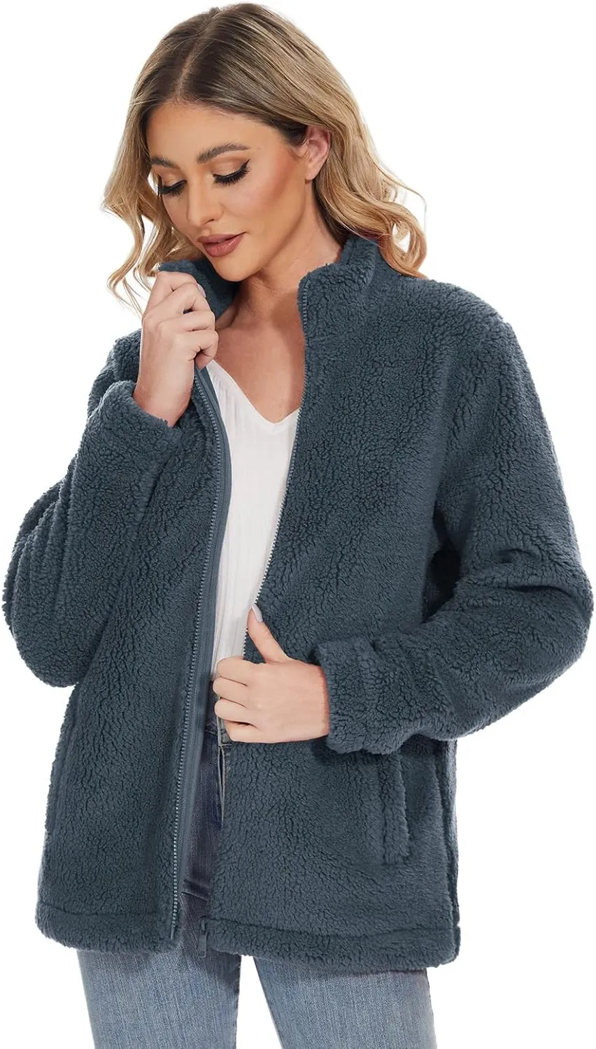 MAGCOMSEN Women Sherpa Jacket Full Zip Fuzzy Teddy Coat with Pockets Fleece Lined Warm Winter Casual Outfits