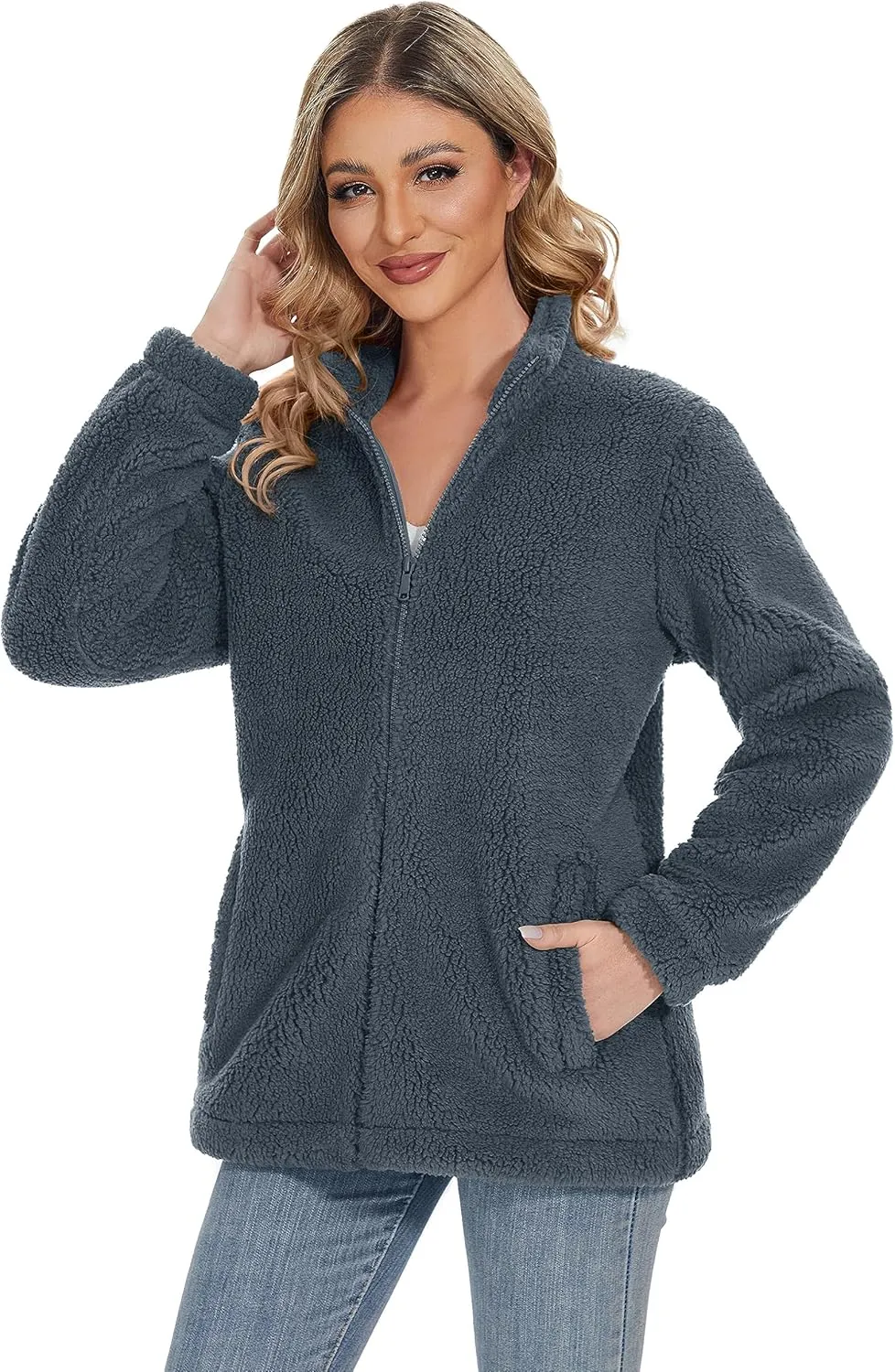 MAGCOMSEN Women Sherpa Jacket Full Zip Fuzzy Teddy Coat with Pockets Fleece Lined Warm Winter Casual Outfits