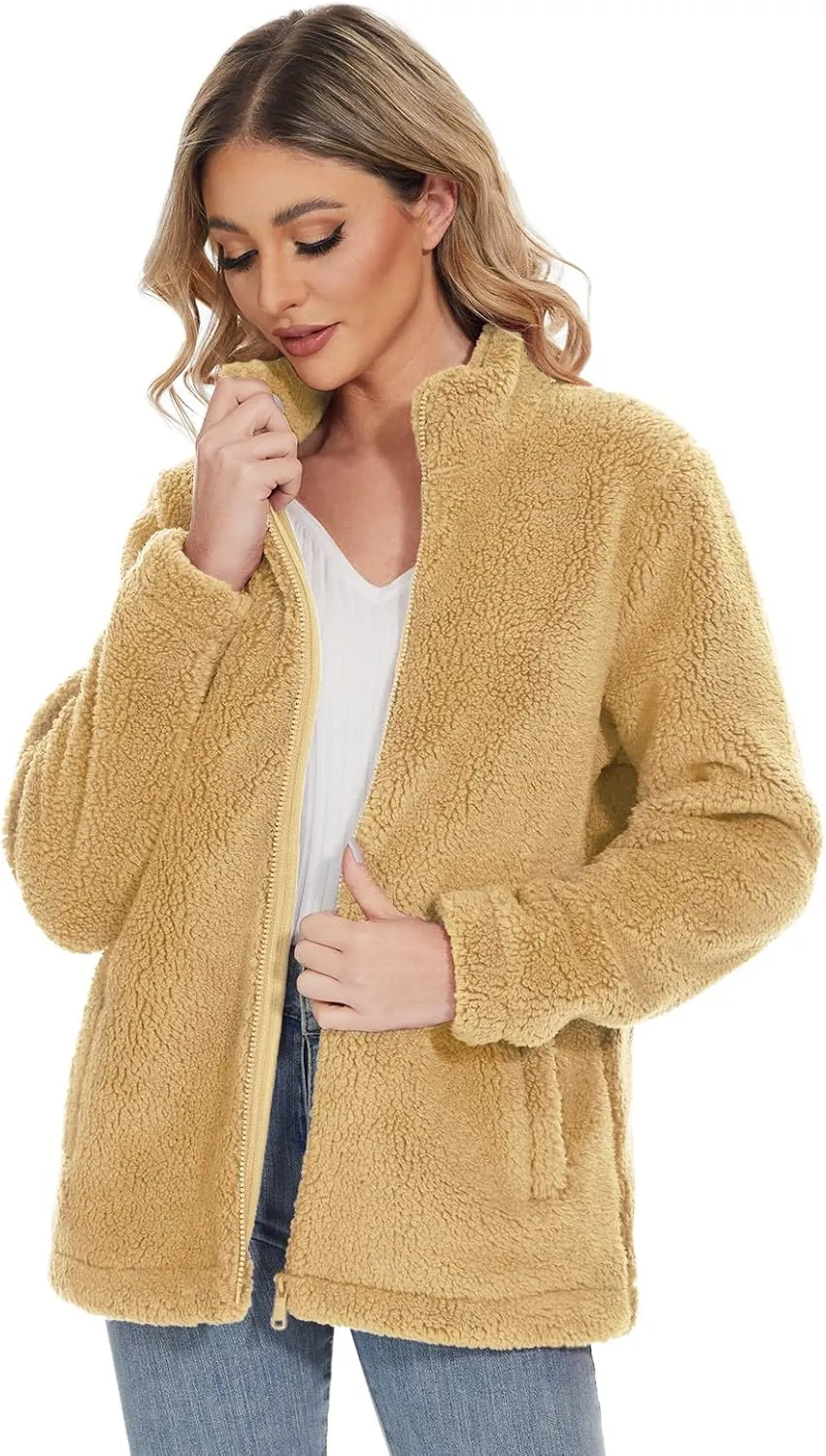 MAGCOMSEN Women Sherpa Jacket Full Zip Fuzzy Teddy Coat with Pockets Fleece Lined Warm Winter Casual Outfits