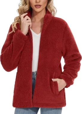 MAGCOMSEN Women Sherpa Jacket Full Zip Fuzzy Teddy Coat with Pockets Fleece Lined Warm Winter Casual Outfits