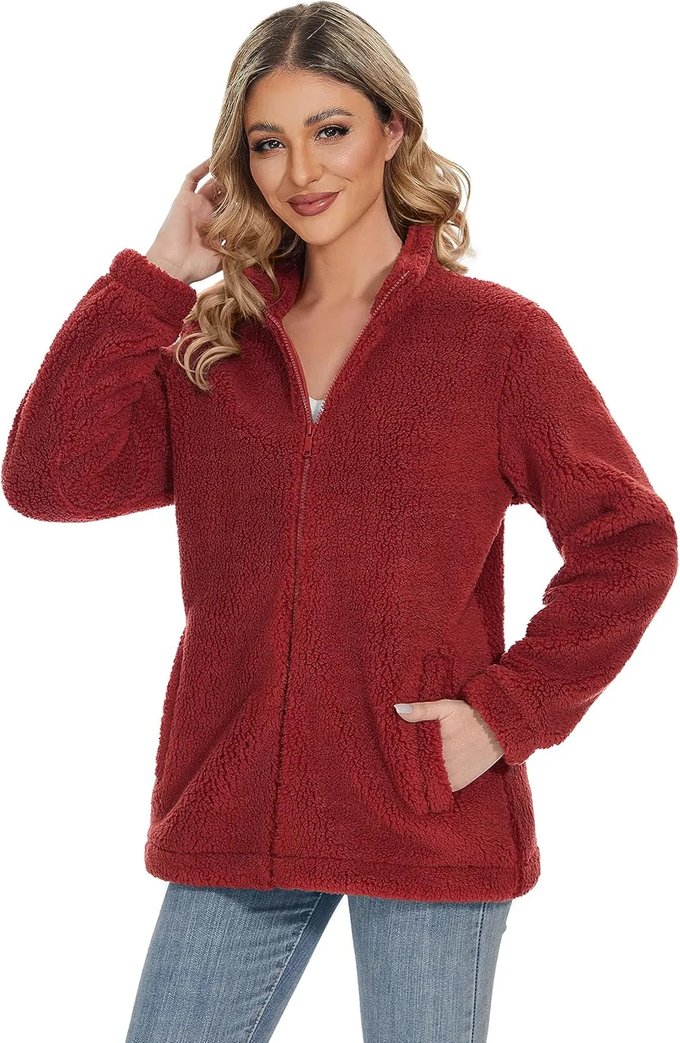 MAGCOMSEN Women Sherpa Jacket Full Zip Fuzzy Teddy Coat with Pockets Fleece Lined Warm Winter Casual Outfits