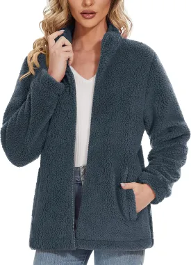 MAGCOMSEN Women Sherpa Jacket Full Zip Fuzzy Teddy Coat with Pockets Fleece Lined Warm Winter Casual Outfits