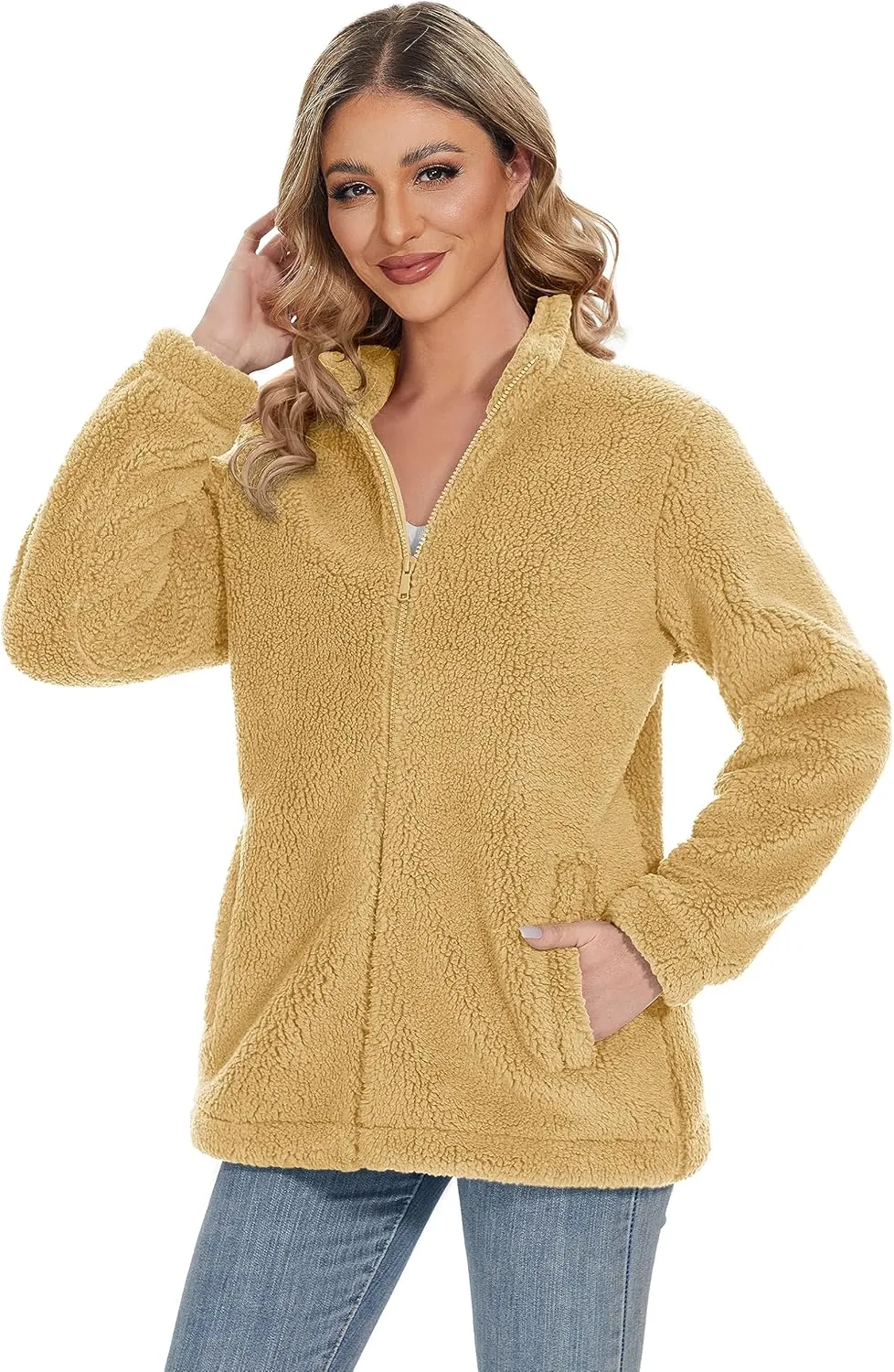 MAGCOMSEN Women Sherpa Jacket Full Zip Fuzzy Teddy Coat with Pockets Fleece Lined Warm Winter Casual Outfits