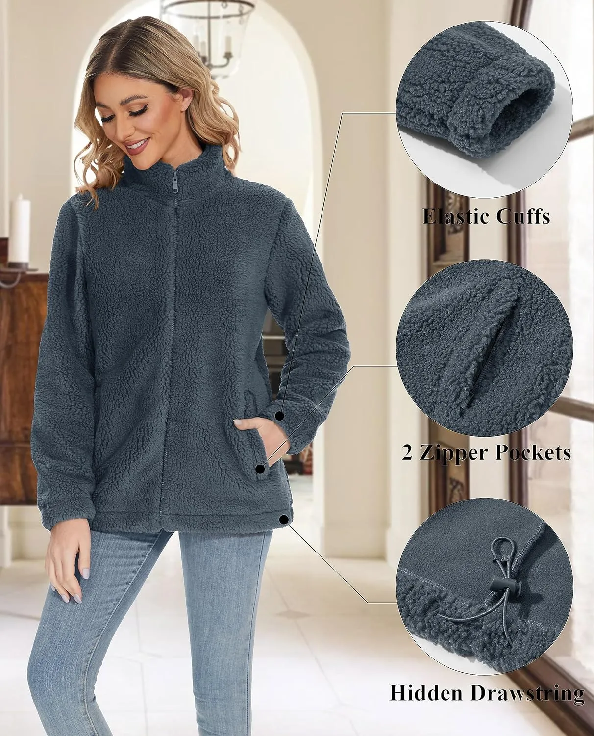 MAGCOMSEN Women Sherpa Jacket Full Zip Fuzzy Teddy Coat with Pockets Fleece Lined Warm Winter Casual Outfits