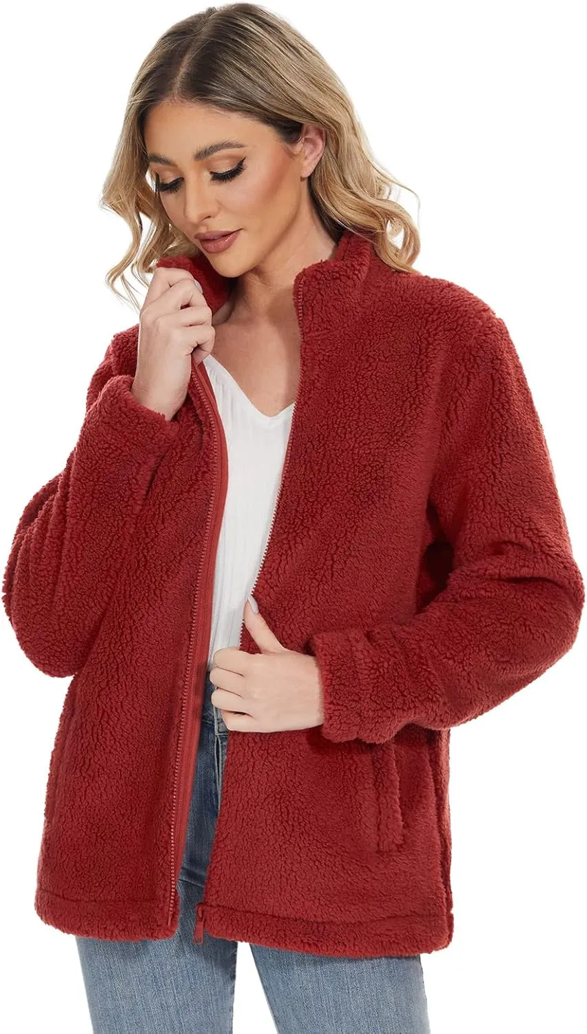 MAGCOMSEN Women Sherpa Jacket Full Zip Fuzzy Teddy Coat with Pockets Fleece Lined Warm Winter Casual Outfits