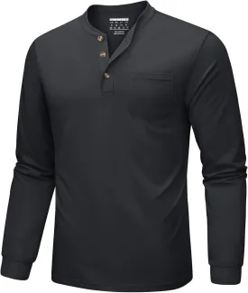 MAGNIVIT Mens Henley Shirts Long Sleeve Fall Cotton Casual T-Shirts with Pocket Plain Moisture Wicking Tee with 3 Button