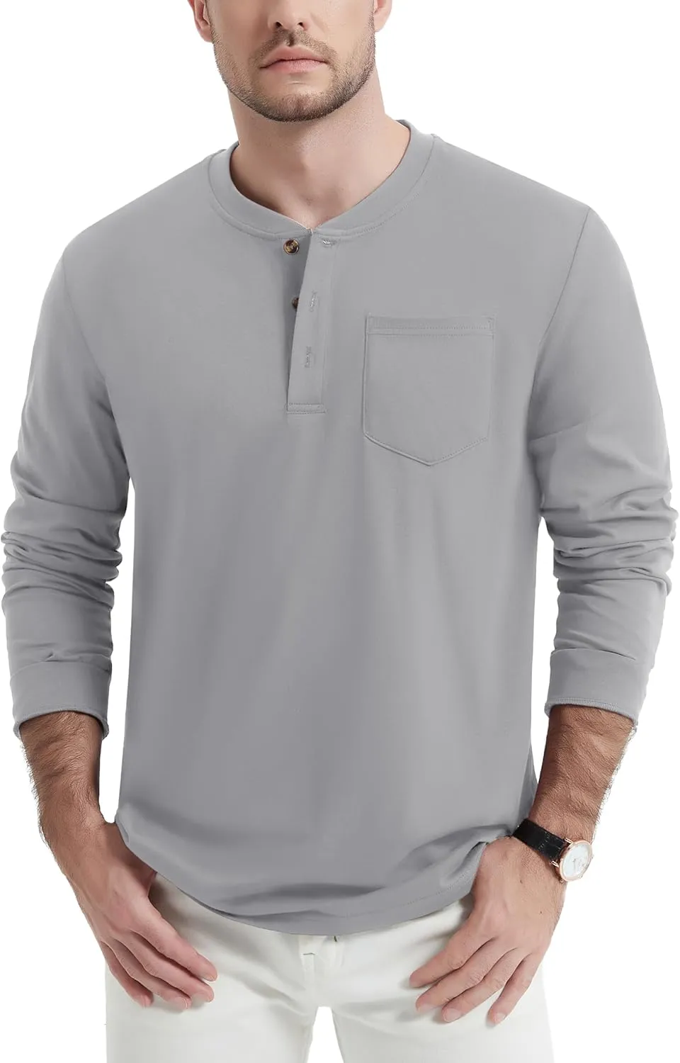 MAGNIVIT Mens Henley Shirts Long Sleeve Fall Cotton Casual T-Shirts with Pocket Plain Moisture Wicking Tee with 3 Button