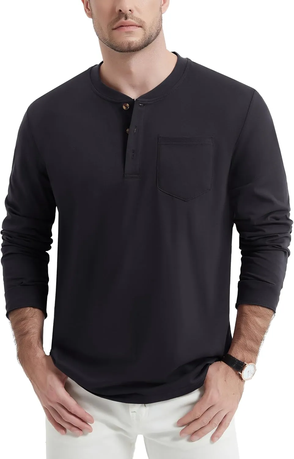 MAGNIVIT Mens Henley Shirts Long Sleeve Fall Cotton Casual T-Shirts with Pocket Plain Moisture Wicking Tee with 3 Button