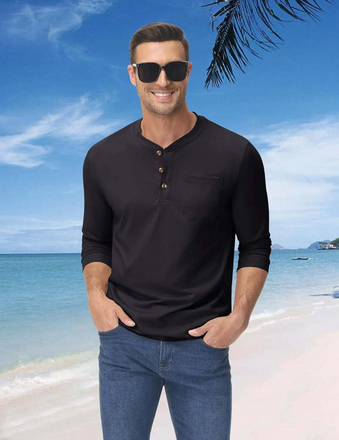 MAGNIVIT Mens Henley Shirts Long Sleeve Fall Cotton Casual T-Shirts with Pocket Plain Moisture Wicking Tee with 3 Button